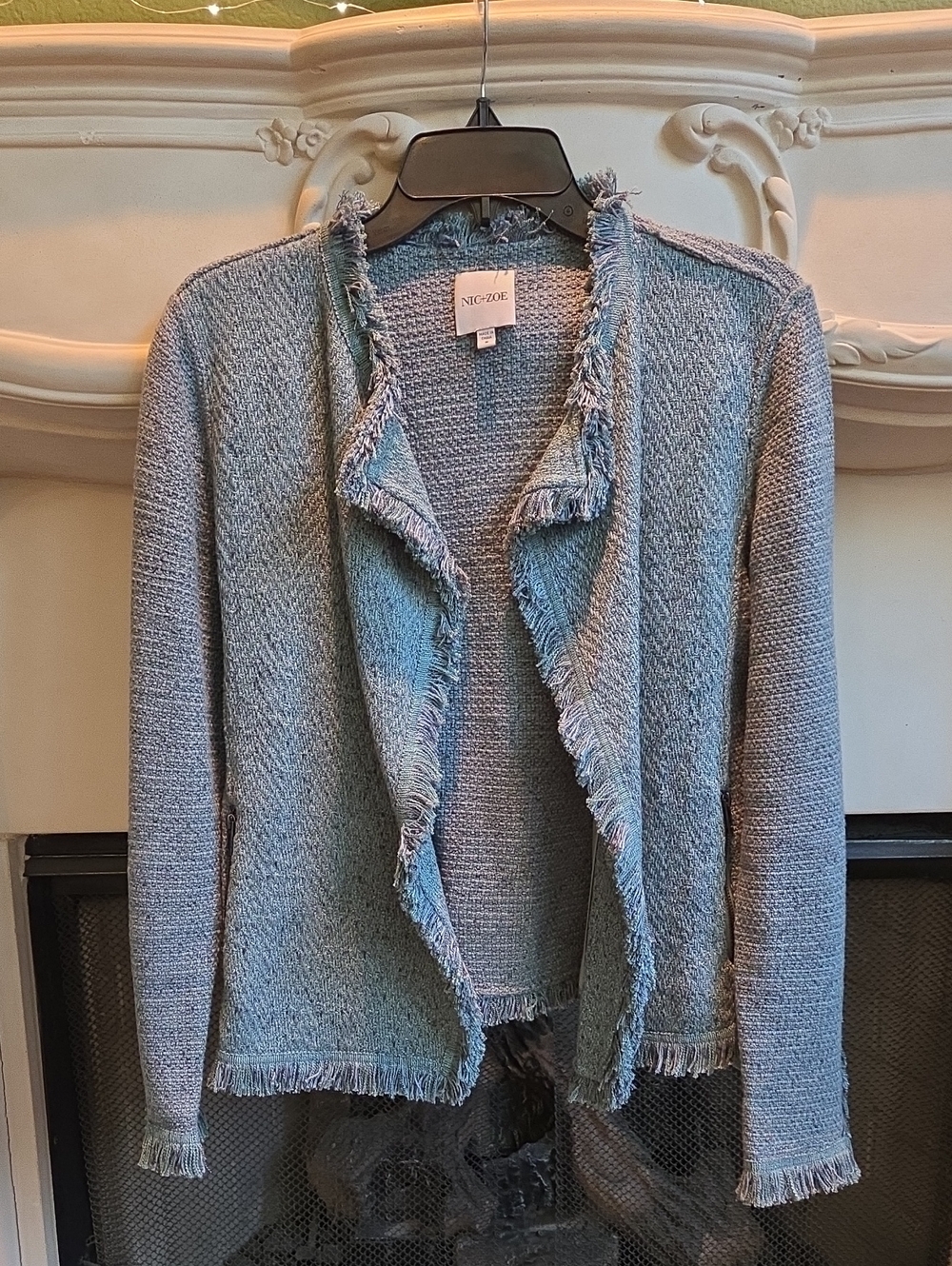 NIC+ZOE Soft Green-Blue Fringe Mix Knit Jacket - Picture 2 of 8